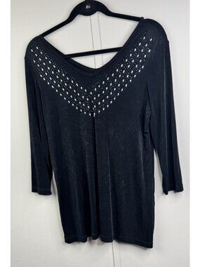 Affinity Travel Knits Size S Womens Top Embelished V Neck 3/4 Sleeve Black